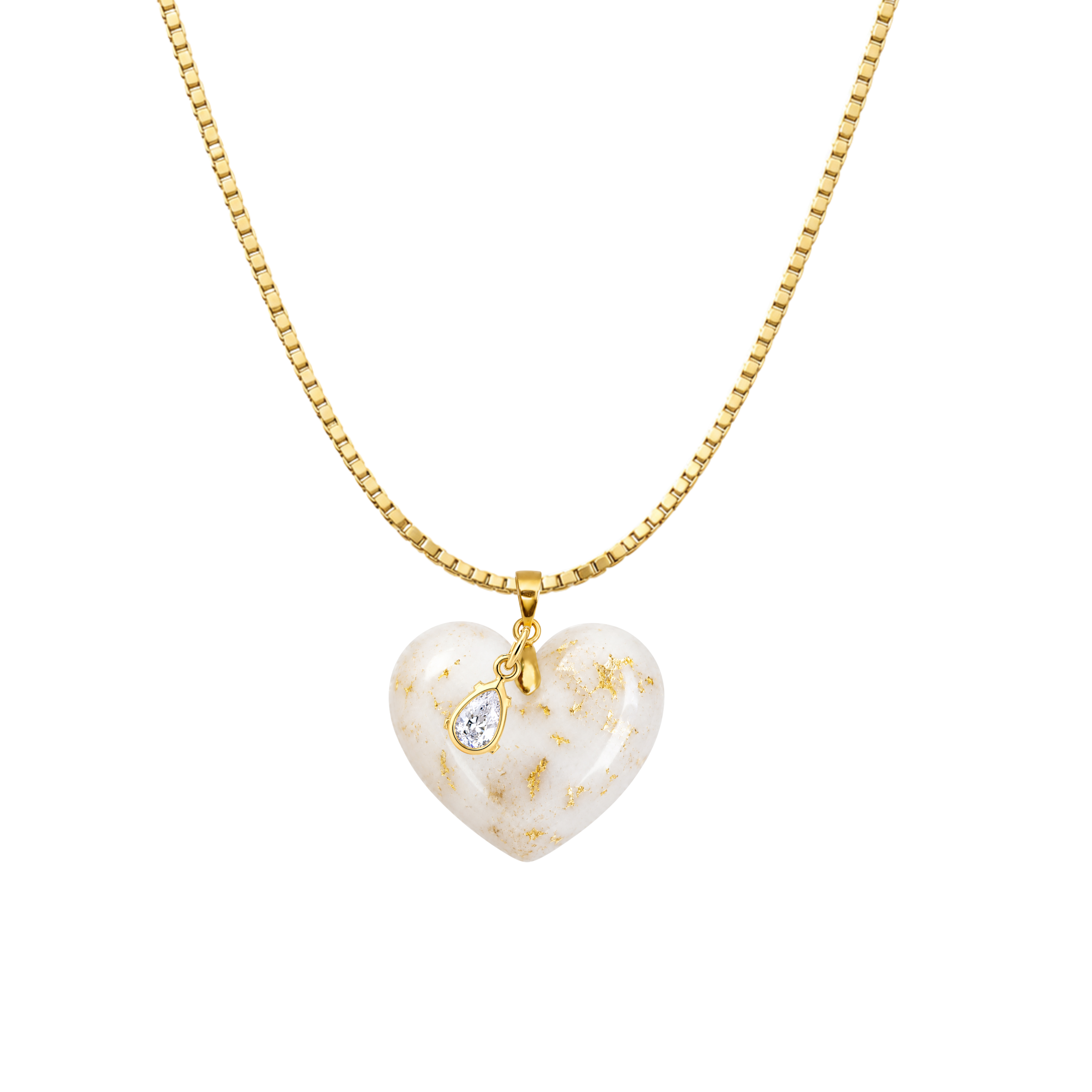 Cuore Paffuto con Foglia d’Oro, Catena e Goccia di Zirconia